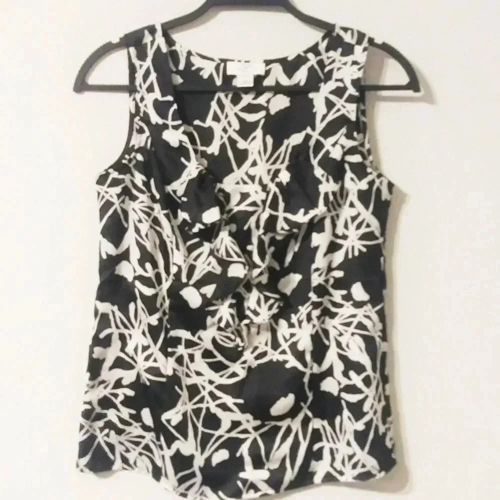 Ann Taylor Loft Black Floral Ruffle Print Top